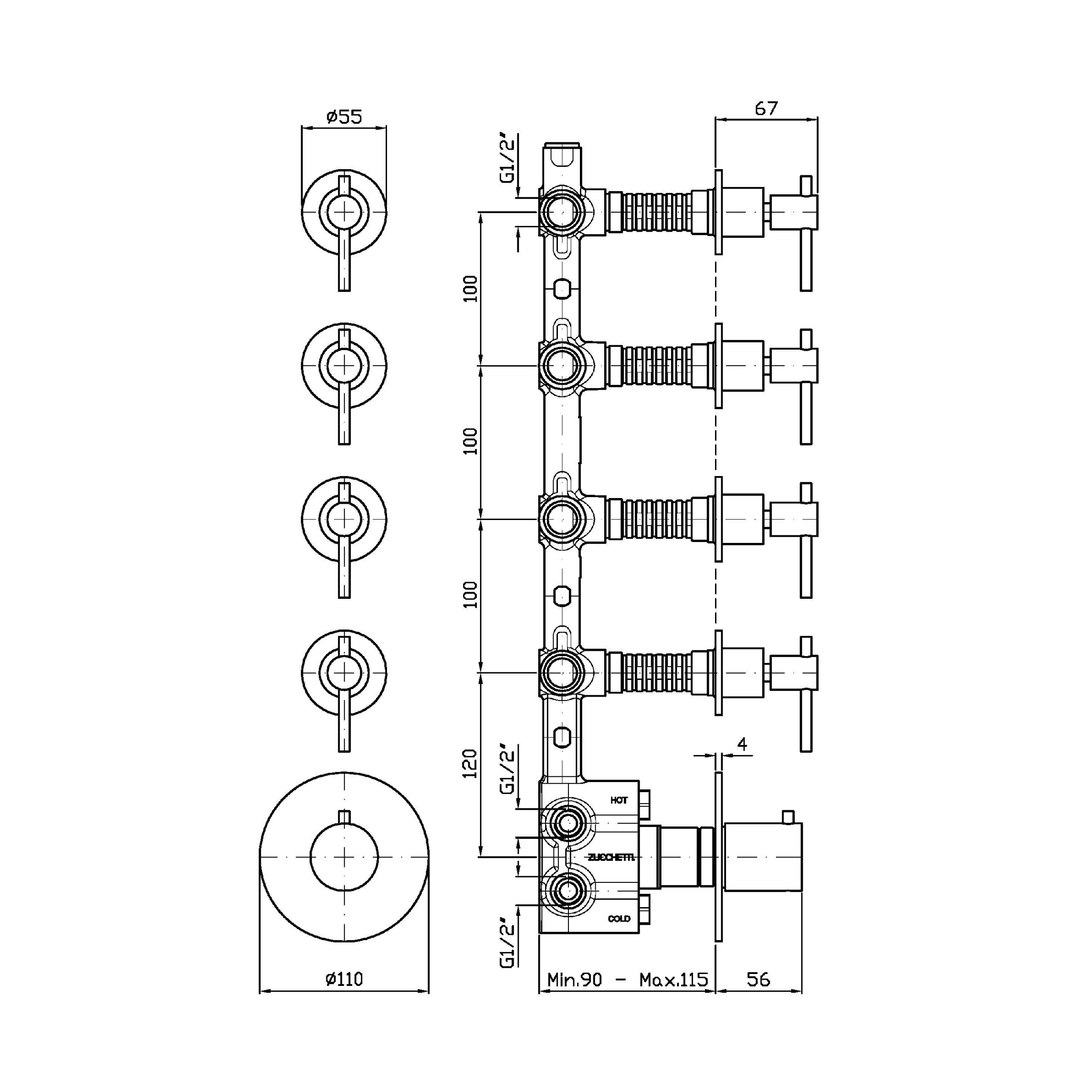exklusive-zucchetti-duscharmatur-mit-4-hebel-ventilen-und-thermostat-zucchetti-helm-akzhl662-x-r97823-technische-zeichnung